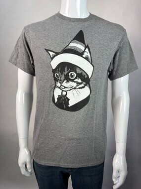 Cat In Holiday Hat Graphic Tee Delta Pro Weight M Gray Cotton/Poly Blend